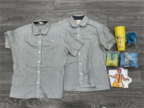 VINTAGE MCDONALD’S — 2 SHIRTS, 6 EARLY PLASTIC CUPS, & TOYS