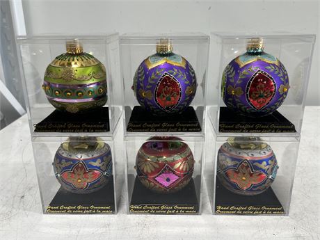 6 HAND CRAFTED GLASS ORNAMENTS BY LONDON DRUGS