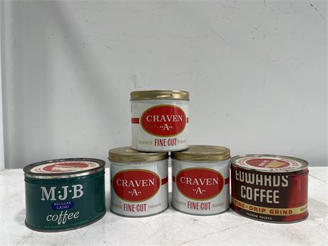 5 VINTAGE TOBACCO / COFFEE TINS - LARGEST IS 5” DIAM 3” TALL