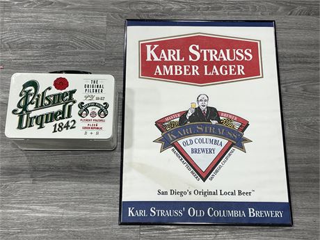 KARL STRAUSS BEER SIGN (24”X18”) & PILSNER METAL LUNCHBOX