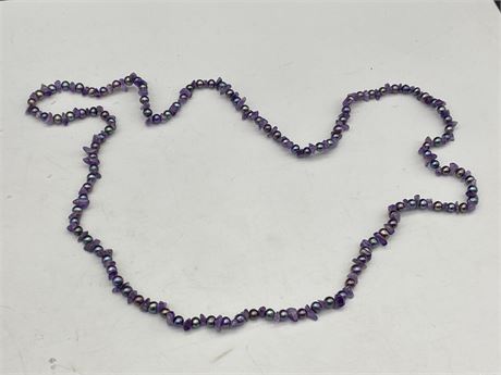 DOUBLE LENGTH NATURAL GENUINE AMETHYST STONES & BLACK PEARL NECKLACE 36” LONG