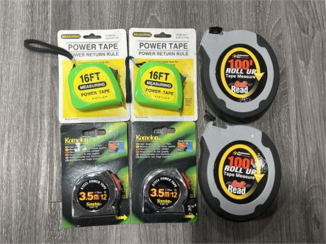 4 NEW MEASURING TAPES + 2 NEW 100FT ROLL UP MEASURING TAPE
