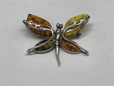 925 STERLING SILVER & AMBER DRAGONFLY 2” WIPE PENDANT OR PIN