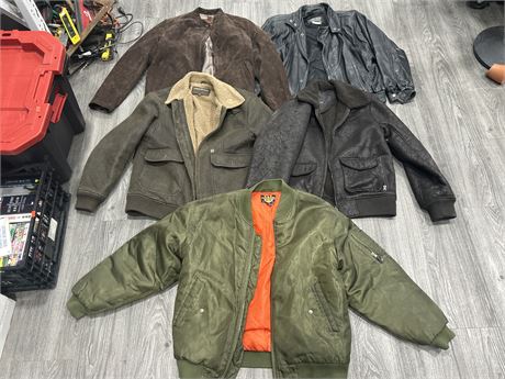5 MENS JACKETS - INCLUDES VINTAGE LEATHER - ALL SIZES S/M