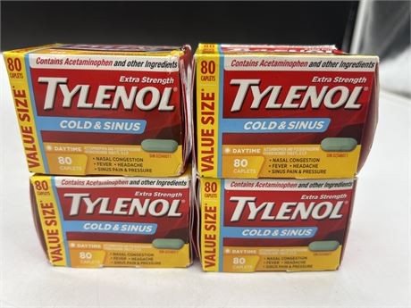 4 BOXES OF TYLENOL COLD & SINUS VALUE SIZE - ALL EXPIRE 06/25