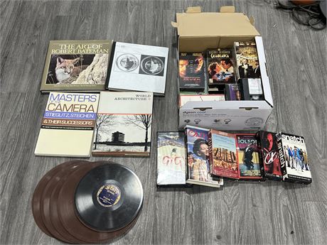 LOT OF VINTAGE BOOKS, VHS TAPES, 78RPM RECORDS