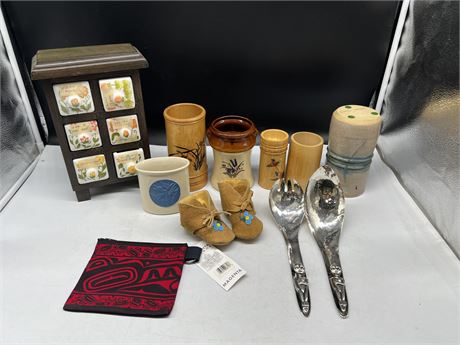 LOT OF MISC POTTERY - FIRST NATIONS ITEMS - ACME VANCOUVER SILVERWARE & ECT