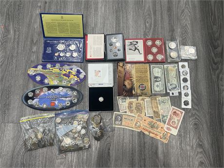 LARGE LOT OF MISC COINS, COIN SETS, PAPER CURRENCY