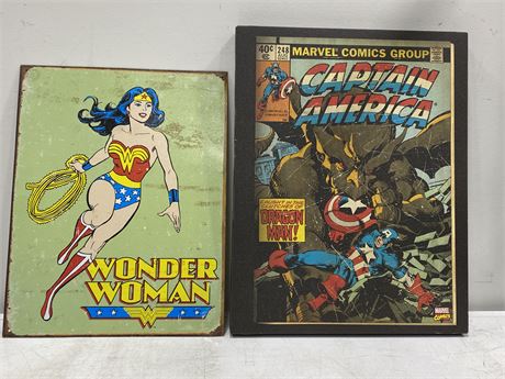 CAPTAIN AMERICA & WONDER WOMAN WALL SIGNS / ART (LARGEST IS 14”X18”)