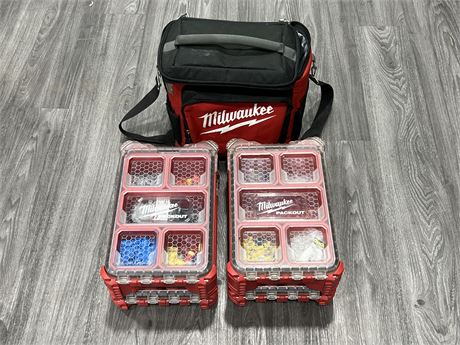 2 MILWAUKEE PACKOUT TOOL BOXES W/CONTENTS & MILWAUKEE BAG