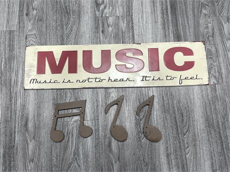 3 CAST IRON MUSIC NOTES + METAL MUSIC SIGN REPRODUCTION 32”x8”
