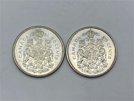 2 1961 SILVER 50 CENT COINS