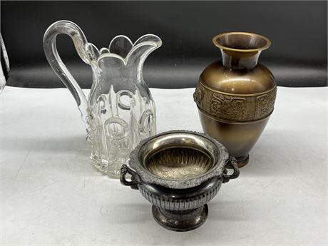 RARE 1880s BULLSEYE GLASS PITCHER, HEAVY BRASS ASIAN SIGNED VASE & 1880s URN