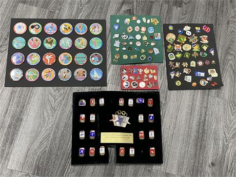 LOT OF 1984 OLYMPIC PINS, BUTTONS & VINTAGE LAPEL PINS