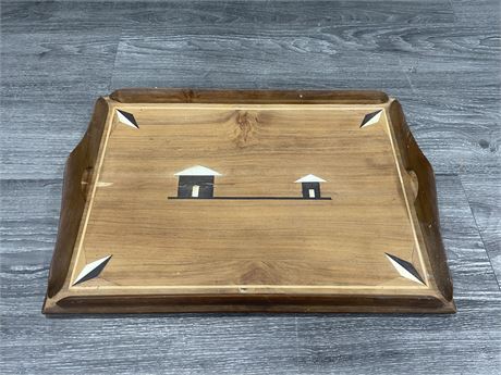 WOOD SERVING TRAY WITH BONE / IVORY TYPE INLAY 19”x13”