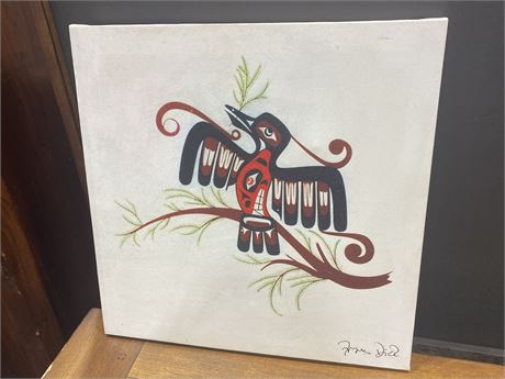 NORTHWEST COAST FIRST NATIONS SILKSCREEN ON CANVAS SIGNED FRANCIS DICK 15”x15”