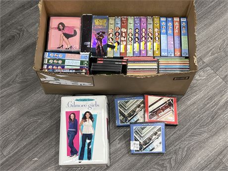 BOX OF DVDS, SEASONS SETS & CDS