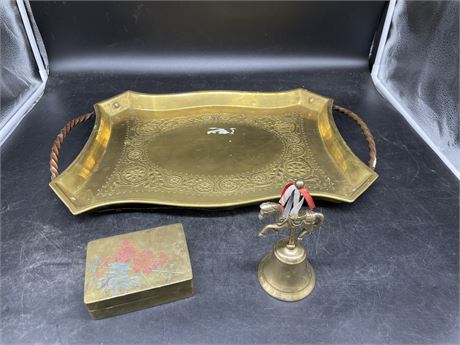 LARGE HEAVY VINTAGE BRONZE SERVING TRAY (21”/15”) W/ SMALLS