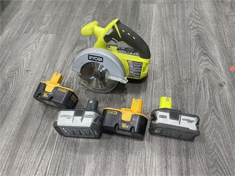 RYOBI SKILSAW WITH BATTERY + 4 UNTESTED BATTERIES