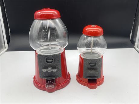 2 RED METAL GUM-BALL MACHINES (12” & 8”)