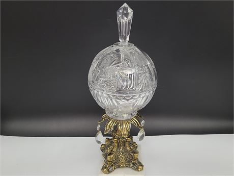 VINTAGE CRYSTAL AND BRASS ON MARBLE STAND CANDY DISH (16")
