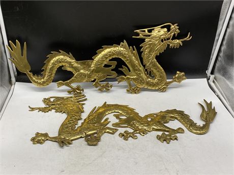 2 MCM HEAVY BRASS CHINESE DRAGON WALL HANGERS (27”x10”)