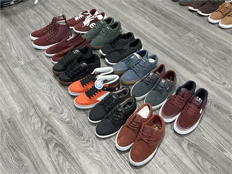 12 BRAND NEW PAIRS OF ETNIES SKATE SHOES (APPROX SIZE MENS 8.5-10)