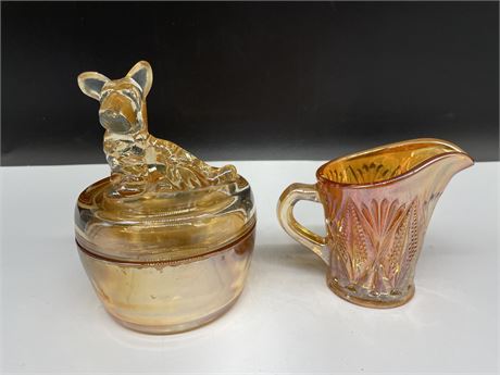 SCOTTIE CARNIVAL GLASS COVERED DISH & SMALL PITCHER