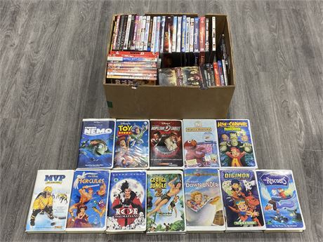 BOX OF 90+ DVD’S + VHS’S
