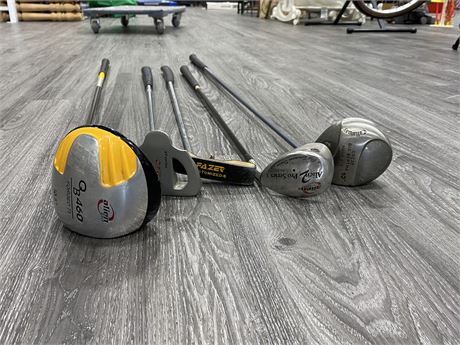 5 RIGHT HANDED GOLF CLUBS (2 drivers, 2 putters, wedge)