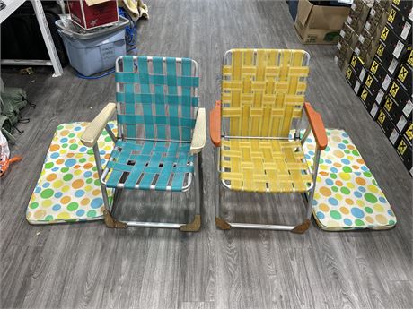 2 VINTAGE WEB LAWN CHAIRS WITH CUSHIONS