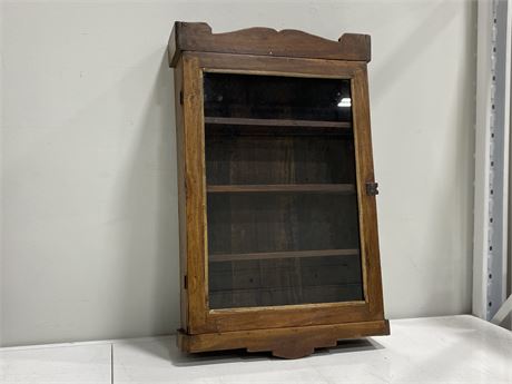 ANTIQUE WOOD & GLASS WALL MOUNTED DISPLAY CABINET (27” tall)