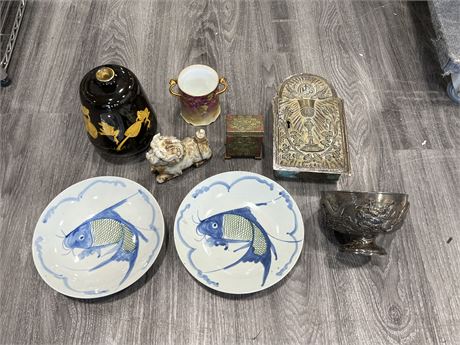 LOT OF VINTAGE COLLECTABLES - EARLY PITTED PLATES, CHINESE STONE DOG & ECT