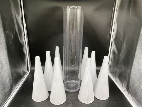 8 WHITE VASES (12/4” TALL) + 1 CLEAR GLASS VASE (2FT TALL)