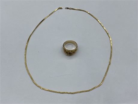 2 14KT GOLD PIECES - 7.9 GRAMS (MISSING SPRIMG RING & GEMSTONE FROM RING)