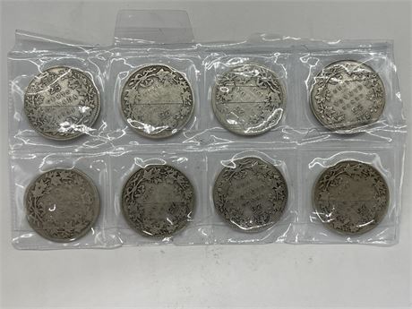 8 ANTIQUE SILVER CDN QUARTERS DATING BACK TO 1902
