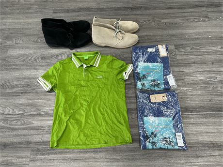 HUGO BOSS POLO SIZE S + 2 NEW PRODUKT TSHIRTS SIZE L & 2 NEW PAIR CLARKS BOOTS