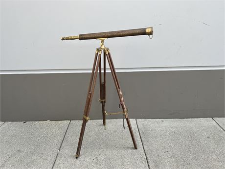 VINTAGE BRASS TELESCOPE ON STAND - 5’ TALL