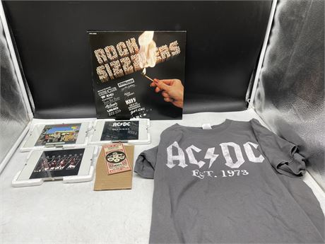 KISS / AC/DC LOT INCLUDING T-SHIRT, RECORD, VINTAGE TICKET, ETC