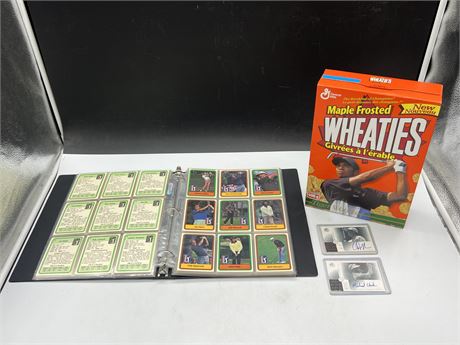 BINDER OF VINTAGE GOLF CARDS, 2 AUTO CARDS & UNOPENED TIGER WOODS WHEATIES BOX