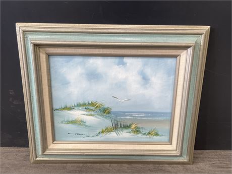 ORIGINAL OIL ON CANVAS PAINTING IN BABY BLUE FRAME - 23”x19”