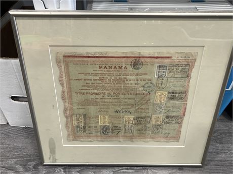 1888 FRENCH PANAMA CANAL BOND CERTIFICATE IN FRAME (19.5”x18”)