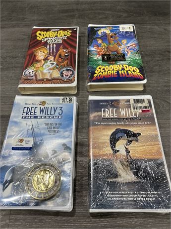 4 (NEW/SEALED) VHS SCOOBY DOO AND FREE WILLY MOVIES