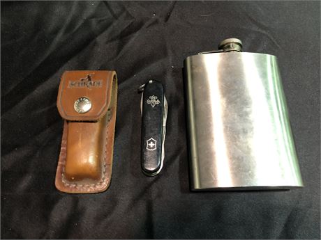 VINTAGE SWISS ARMY KNIFE LEATHER CASE & STAINLESS STEEL FLASK