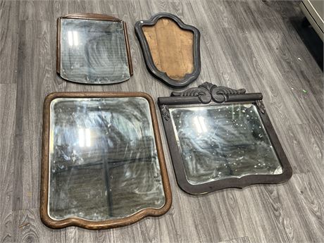 4 VINTAGE WOOD FRAMED MIRRORS - 1 WITH NO GLASS