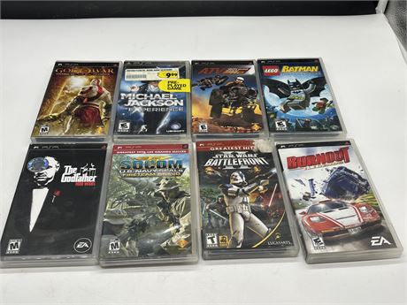 8 PSP GAMES W/INSTRUCTIONS - GOOD CONDITION