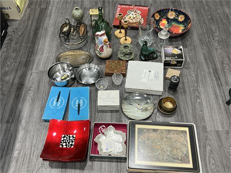 LOT OF HOME DECOR, GLASSWARE, COLLECTABLES, ETC