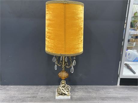 VINTAGE BRASS GLASS MCM LAMP WITH ORIGINAL CRUSHED VELVET SHADE 31”