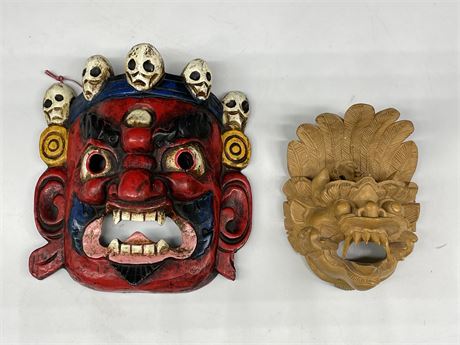 2 HAND-CARVED CHINESE MASKS (LARGEST 7” TALL)