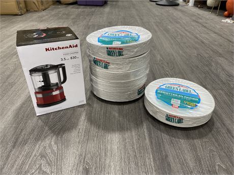 NEW KITCHEN AID FOOD CHOPPER AND 600 PAPER PLATES
